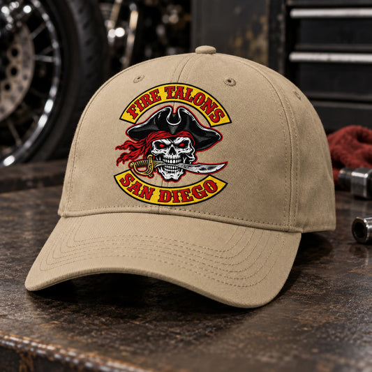 Custom khaki motorcycle club baseball cap with a distinct authorized embroidered club logo.