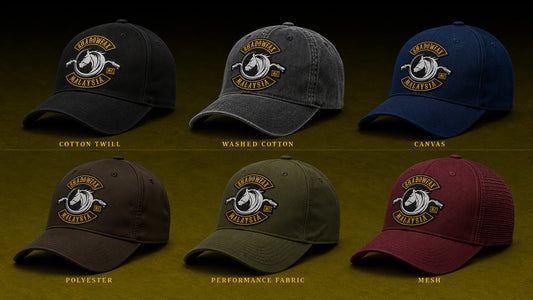 Custom motorcycle club caps in multiple materials and colors arranged around an authorized club emblem.