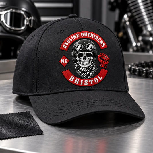 Redline Outriders motorcycle club logo embroidered on a crisp structured black polyester cap with smooth panels.