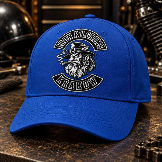 Custom royal blue motorcycle club baseball cap with a distinct authorized embroidered club logo.