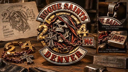 Custom logo, milestone number, years, chapter and message build one anniversary story. rendered as a logo-derived white copper and 18k gold and red copper anniversary badge.
