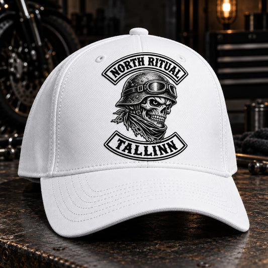 Custom white motorcycle club baseball cap with a distinct authorized embroidered club logo.