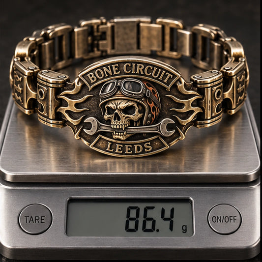 Bone Circuit Leeds custom bracelet displayed on a jeweler scale
