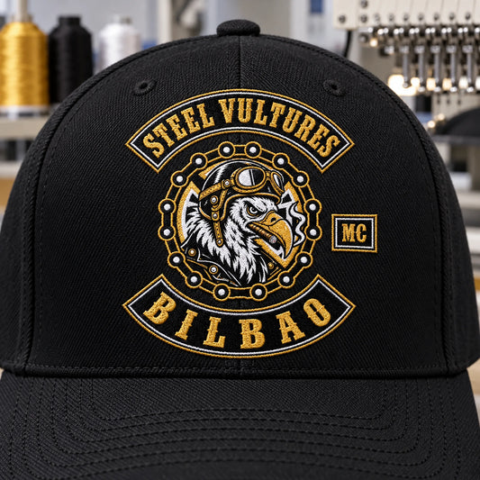 Close view of flat embroidery reproducing an authorized motorcycle club logo on a black cap.