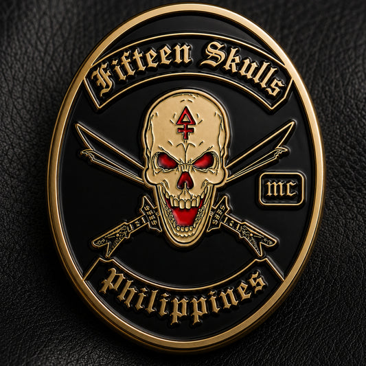 Gold anniversary motorcycle club enamel pin; clean conventional presentation oval silhouette with a solid one-piece metal backplate.