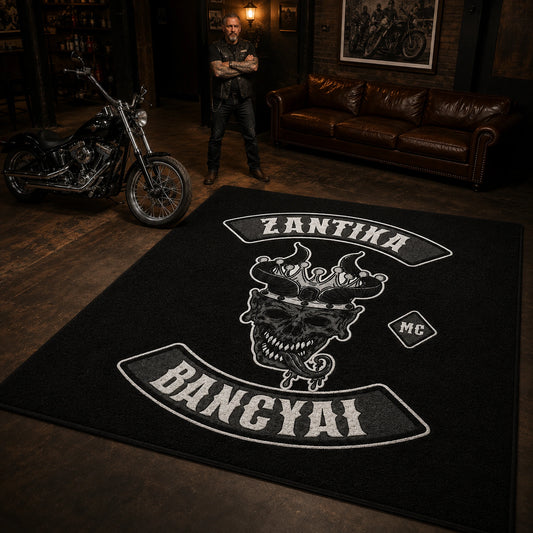 A motorcycle club member stands beside a large tufted clubhouse area rug, a full-size V-twin motorcycle and a leather sofa.