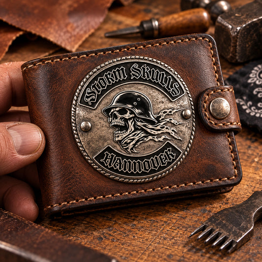 Decorative Conchos shown as custom motorcycle club leather wallet gear with an authorized club emblem.