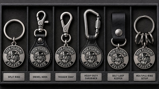 Custom motorcycle club keychain hardware comparison with split rings, swivel hooks, trigger snaps and carabiners.