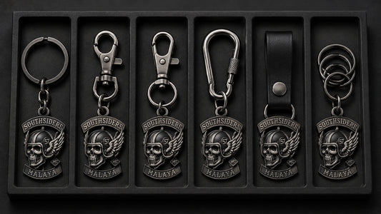 Custom motorcycle club keychain hardware comparison with split rings, swivel hooks, trigger snaps and carabiners.