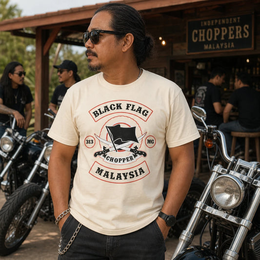 Black Flag Choppers Malaysia member wearing a natural cream classic cotton motorcycle club short-sleeve T-shirt at a clubhouse.