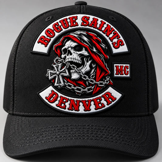 Macro view of raised 3D puff embroidery based on an authorized motorcycle club logo.
