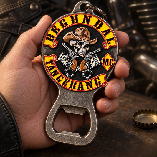 Solid cast motorcycle club bottle opener with raised club-logo relief.