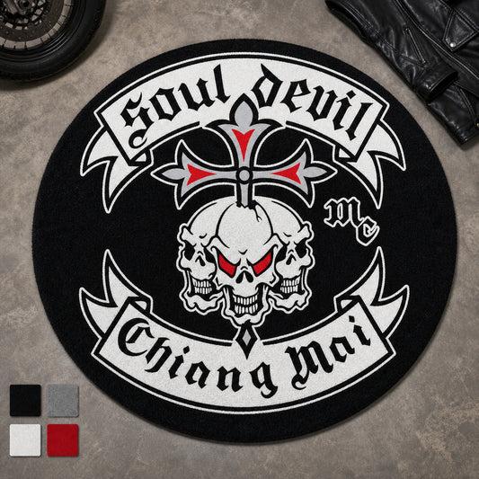 A custom rug reproduces motorcycle club colors and a recognizable center emblem.