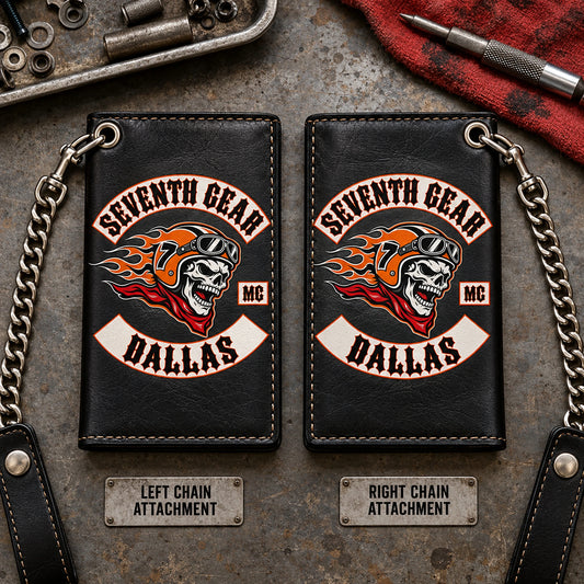 Chain Attachment Position shown as custom motorcycle club leather wallet gear with an authorized club emblem.
