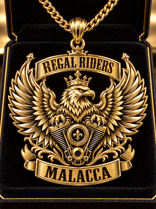 Ceremonial solid 18K gold Regal Riders Malacca motorcycle club officer pendant with crown-backed eagle architecture and matching chain.