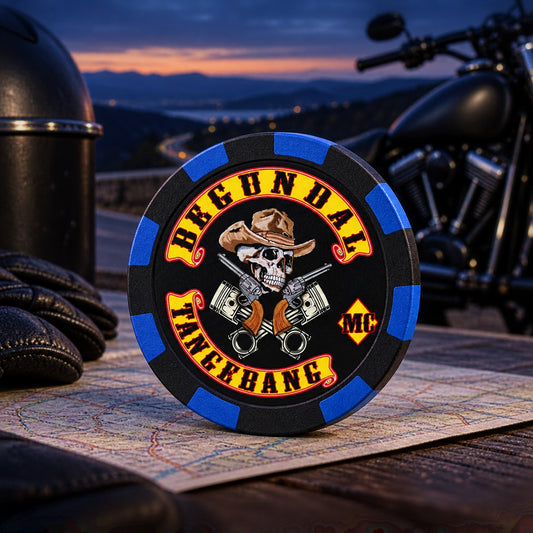 Solid black and blue motorcycle club poker chip for an annual ride edition.