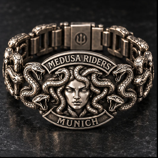 Medusa Riders Munich core motif engineered into a curved bridge and articulated snake links