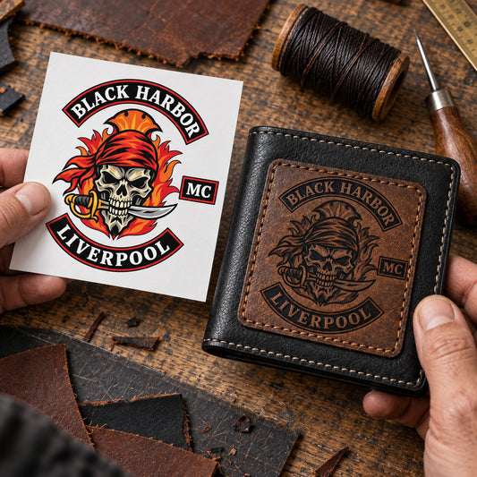Black Harbor Liverpool motorcycle club artwork translated into an engraved leather patch stitched onto a biker wallet.