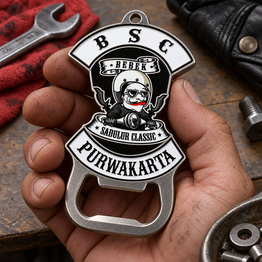 Solid motorcycle club bottle opener with tactile soft-enamel color filling.