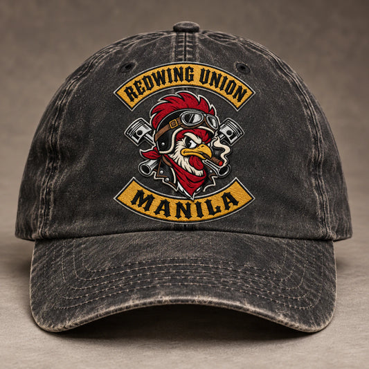 surface worn finish motorcycle club vintage dad hat with an authorized club logo.