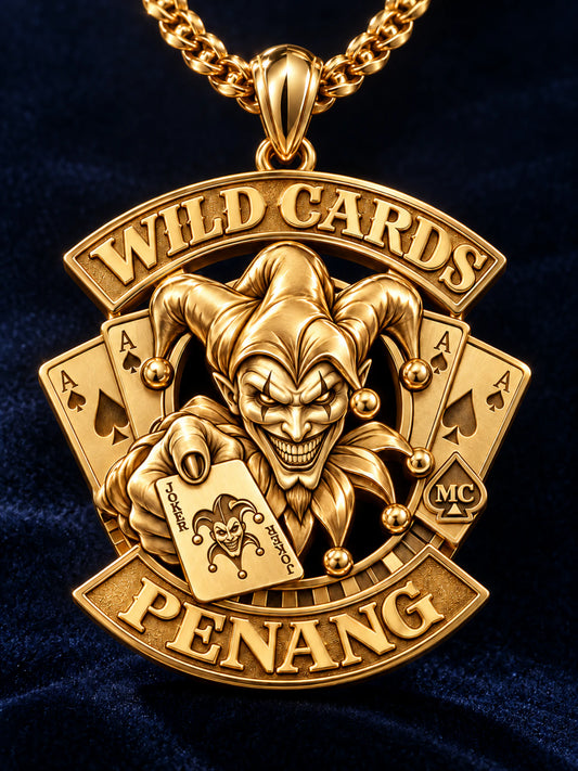 Anniversary solid 18K gold Wild Cards Penang motorcycle club pendant with a fan-of-aces chassis, sculpted jester and matching chain.