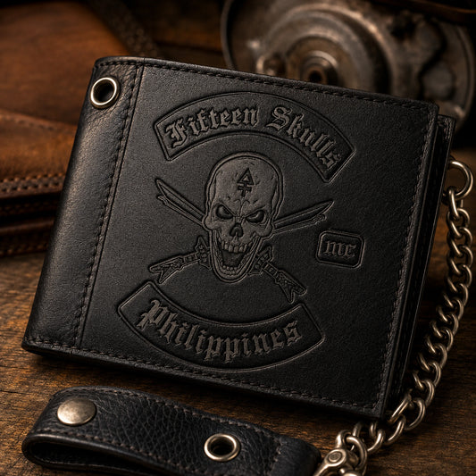 Black leather biker wallet with an authorized club logo pressed into a clean deep debossed impression.
