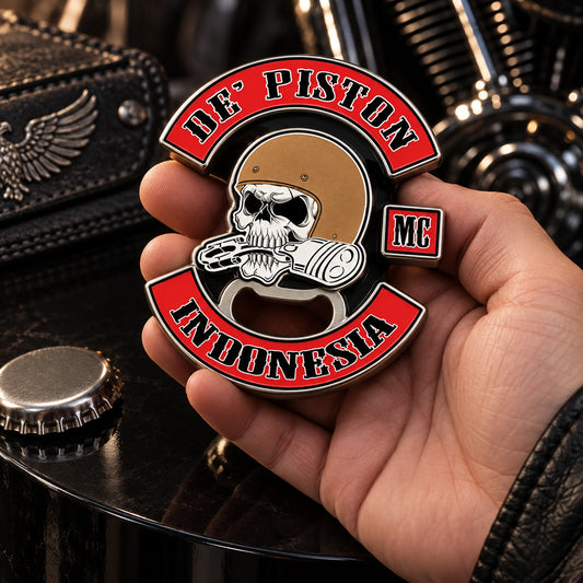 Solid hard-enamel motorcycle club bottle opener with a smooth polished face.