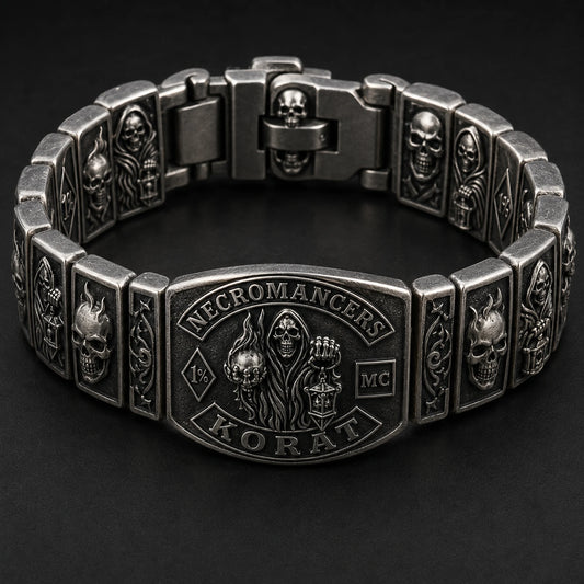 Necromancers Korat club artwork distributed across custom silver bracelet links