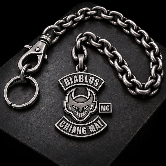 Detailed cast alloy logo components featuring an authorized motorcycle club logo.