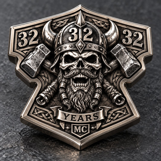 Custom smooth polished hard enamel for premium editions. rendered as a logo-derived white copper and 925 sterling silver anniversary badge.