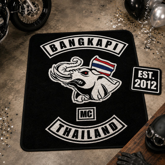 A custom motorcycle club rug is prepared for an approved founding-year layout.