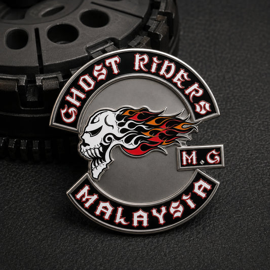 Rubber clutch on a motorcycle club enamel pin.