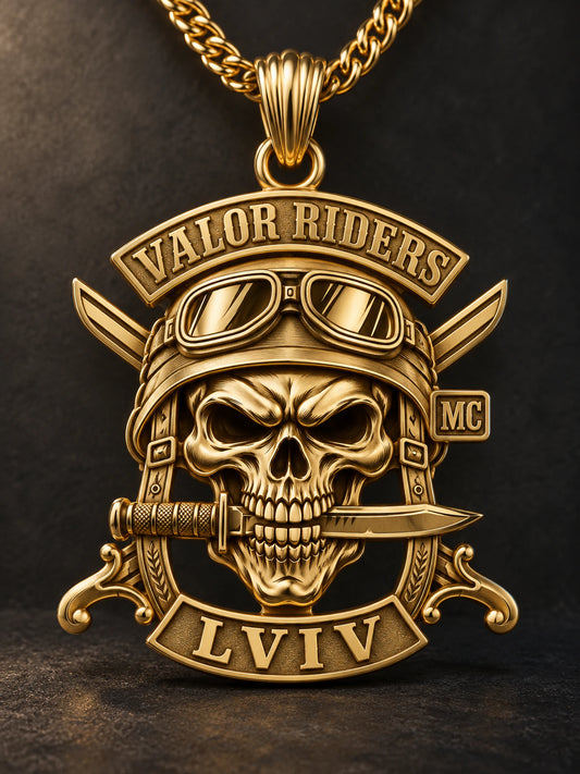 Memorial solid 18K gold Valor Riders Lviv motorcycle club pendant with disciplined ribbon braces, helmeted skull relief and matching chain.