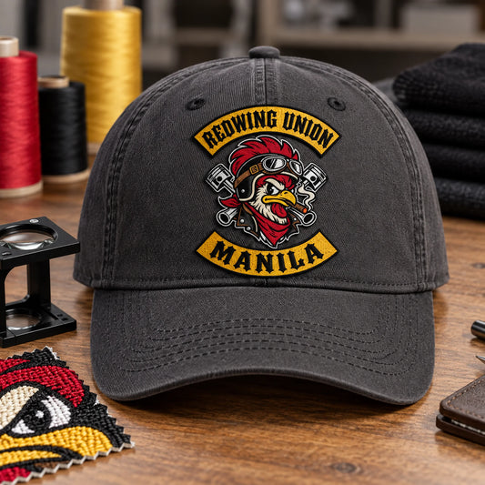 Detailed woven patch based on an authorized motorcycle club logo on a charcoal cap.
