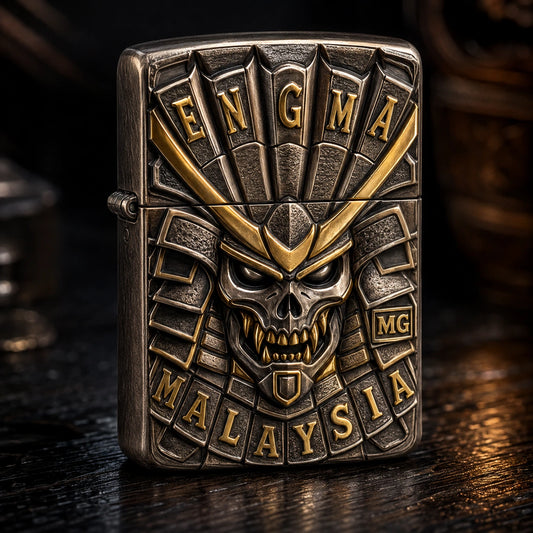Motorcycle club lighter with authorized emblem lettering highlighted by 18K gold plating