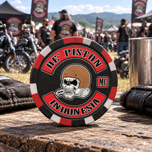 Motorcycle rally attendees receiving solid annual event poker chips.