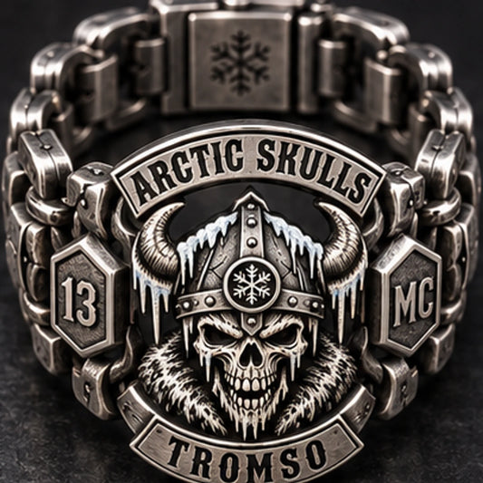 Arctic Skulls Tromso chapter and founding details engraved on separate bracelet links