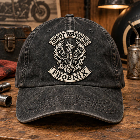 embroidered patch motorcycle club vintage dad hat with an authorized club logo.