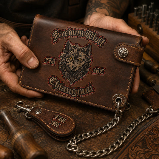 Hand-tooled vegetable-tanned motorcycle club wallet with an authorized logo and carved leather detail.