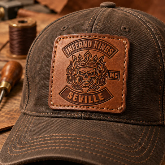 Brown canvas motorcycle club cap with a separately sewn and debossed full-grain leather logo patch.