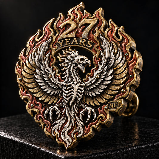 Custom sculpted die-cast relief for dimensional artwork. rendered as a logo-derived brass and 925 sterling silver and red copper anniversary badge.