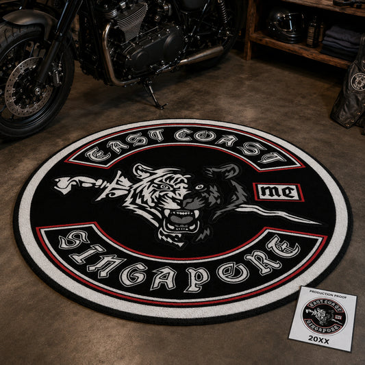 A production proof accompanies a custom motorcycle club anniversary rug.