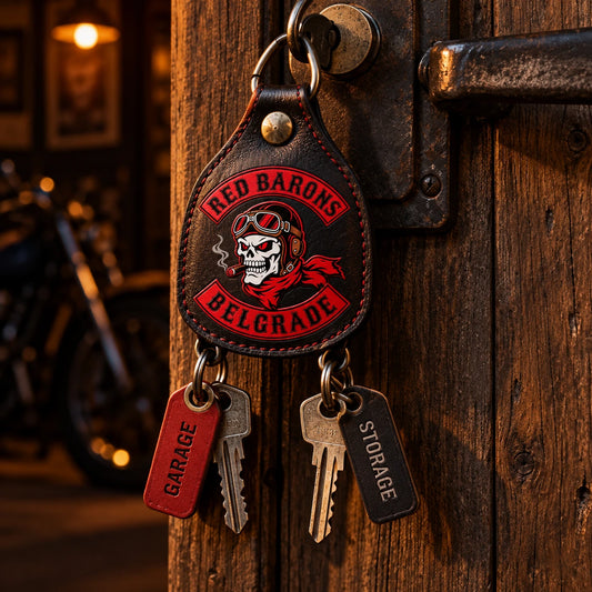 Custom motorcycle club chapter key keeper with an authorized logo beside a clubhouse door lock.