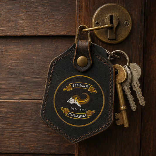 Custom motorcycle club chapter key keeper with an authorized logo beside a clubhouse door lock.