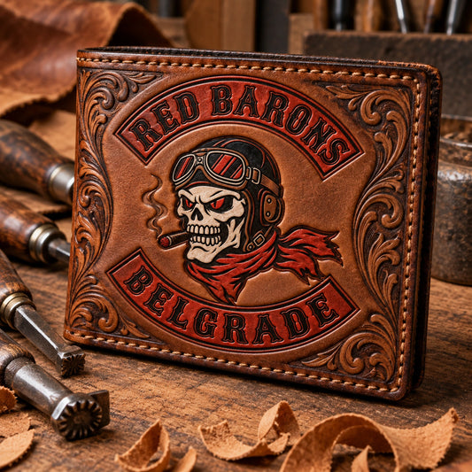 Leather Tooling shown as custom motorcycle club leather wallet gear with an authorized club emblem.