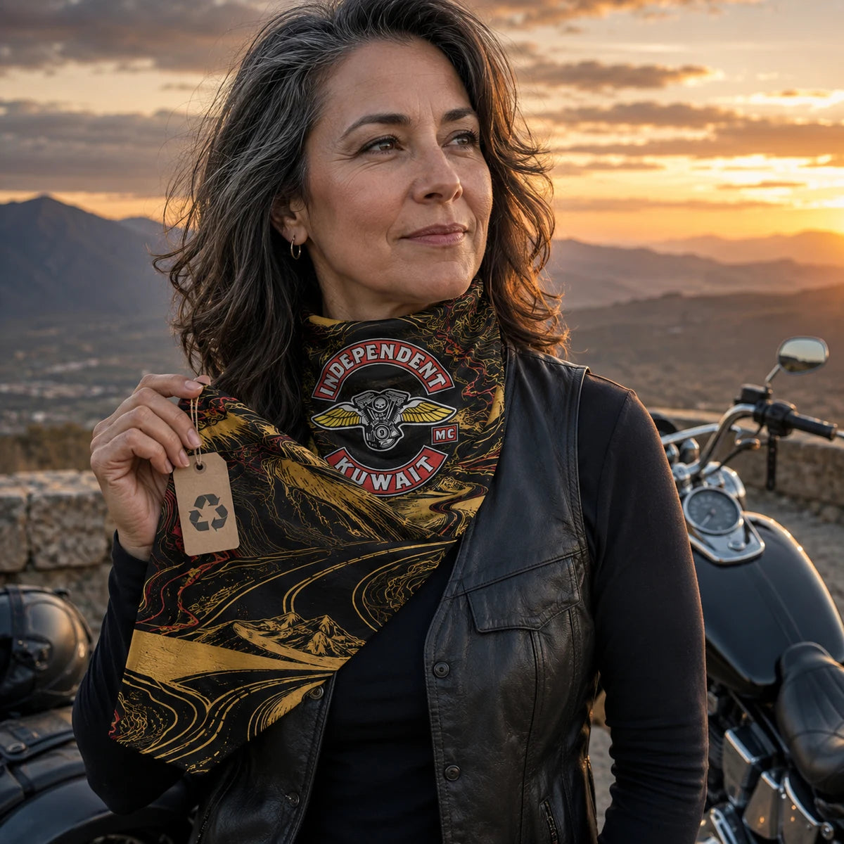 女性のライダーが、独立系MCの公認エンブレムがあしらわれたリサイクルポリエステル製のクラブゲイターを身につけ、夕焼けの中にいる。