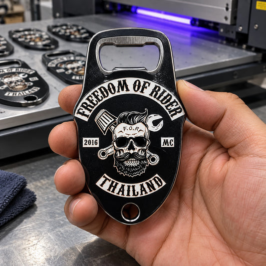 Solid metal motorcycle club bottle opener with detailed full-color UV printing.