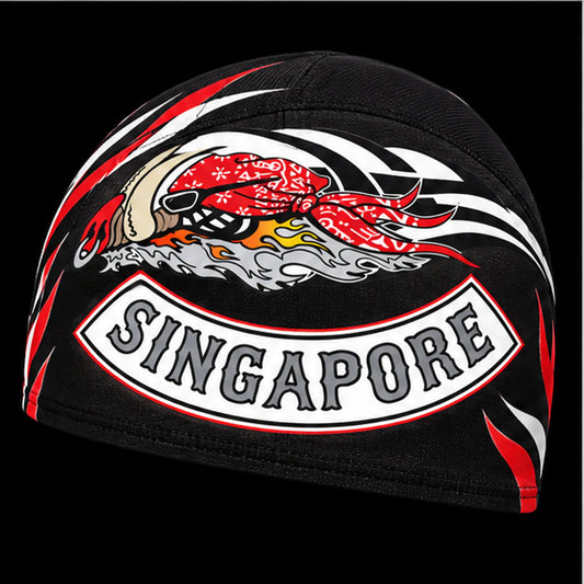 Chapter Name custom motorcycle club skull cap with an approved full-coverage club design.