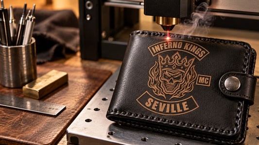 Laser Engraving shown as custom motorcycle club leather wallet gear with an authorized club emblem.