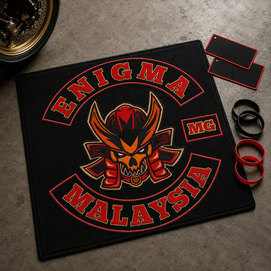 A custom motorcycle club rally rug is shown with event-detail samples.